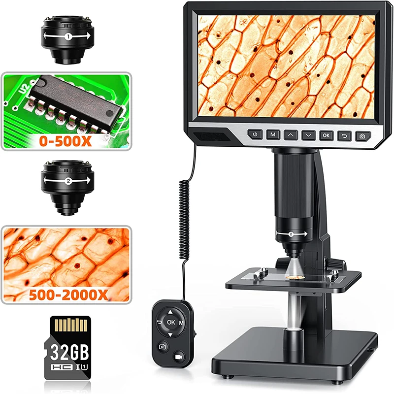 New HD Digital Microscope Biological Microscope 2000x Magnification Electronic Microscope Remote Control 7'' IPS Display 12MP