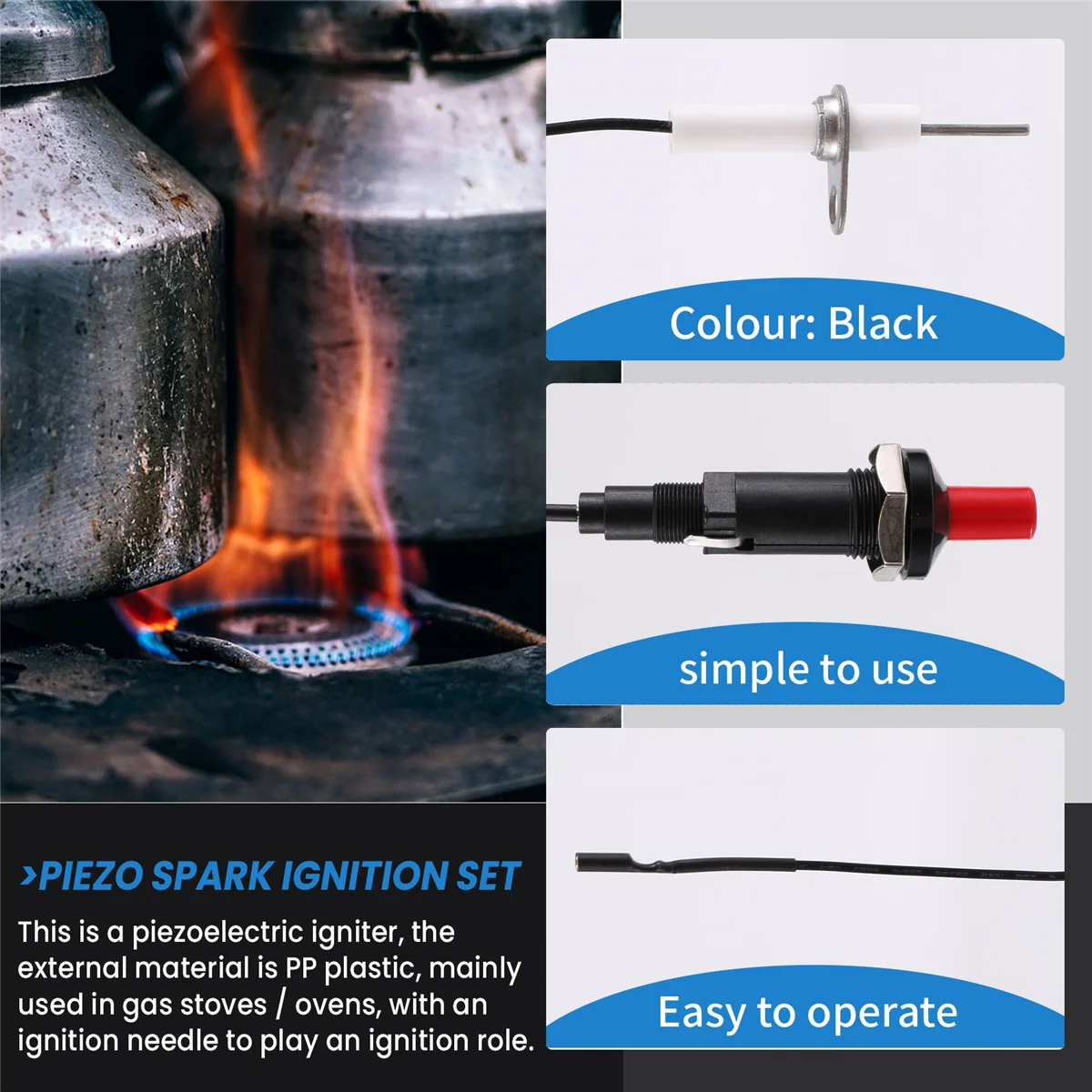 AA91 Piezo Ignition Set With Cable 1000Mm Long Push Button Kitchen Lighters For Gas Stoves Ovens