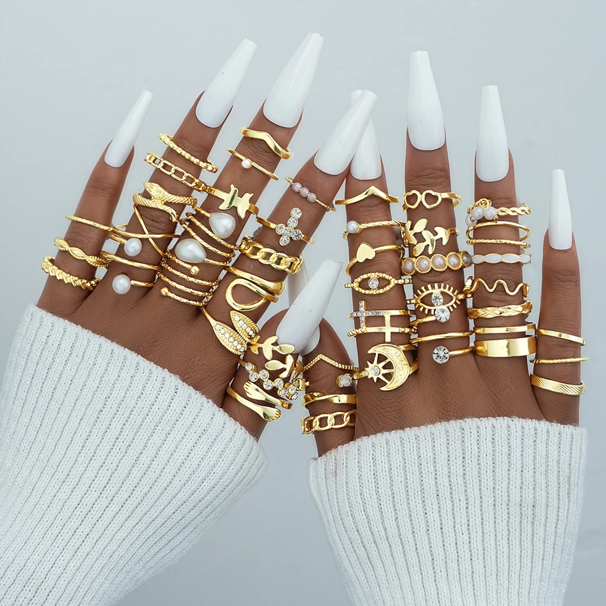 الذهب اللون زهرة اللؤلؤ ورقة تصميم المعادن المفصل خواتم مجموعة الإبداعية هندسية المشتركة خواتم للنساء مجوهرات حفلات الزفاف اليومية #1