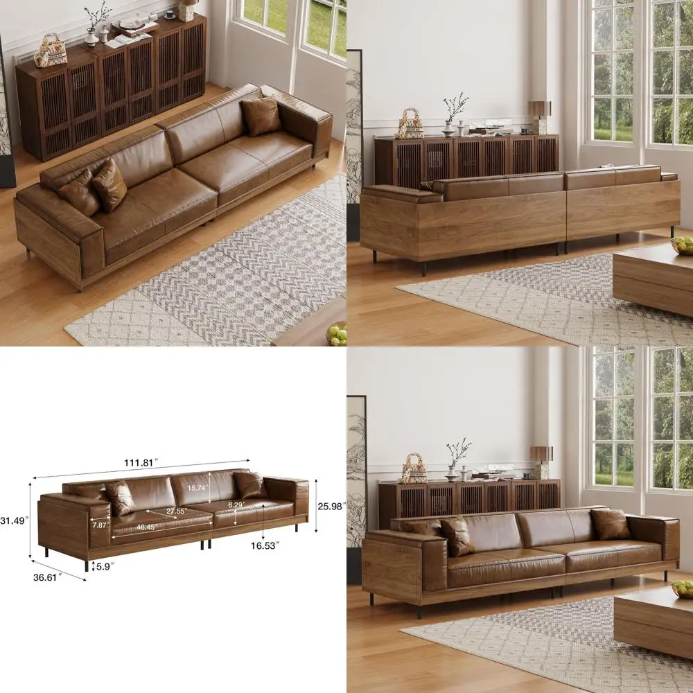 

Leather Sofa 111.81 with Wooden Accents, 3-Seat for Living Room, Bedroom or Lounge, Brown