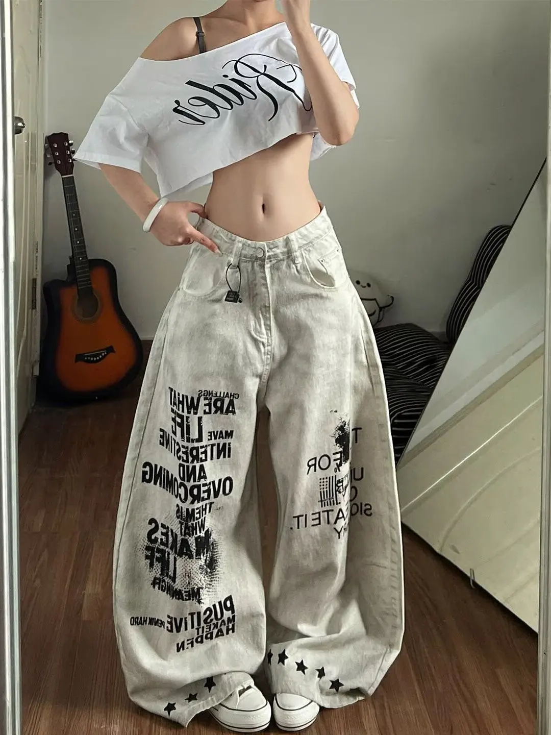 American Style Vintage Star Print Wide Leg Jeans Casual Loose Fit Straight Leg Slimming Jeans Men Women Design Sense