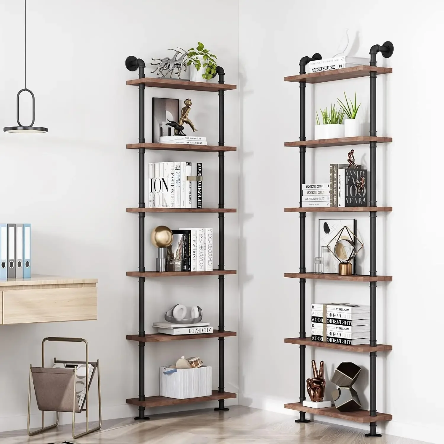 BOSURU Industrial Pipe Bookshelves Rustic Wood Ladder Bookshelf, Industrial Pipe Shelf for Living Room Decor and Storage,Bookca