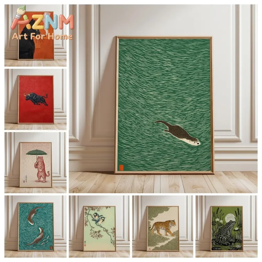 Frameless Otter Wall Art,blue-green Marine Wildlife Poster,Japanese Printmaking Style Wildlife Poster Printing,living Room Decor