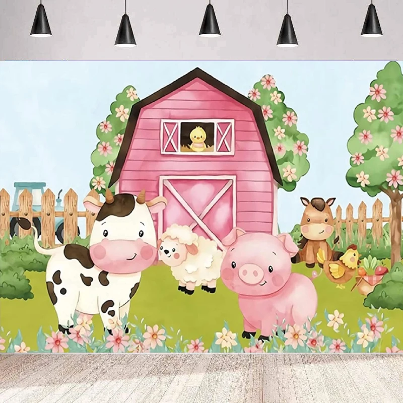 Cartoon Farm Animals Party Photography Backdrop Pink Barn Girl Baby Shower Birthday Farmland Cows Pigs Barnyard Background Wall