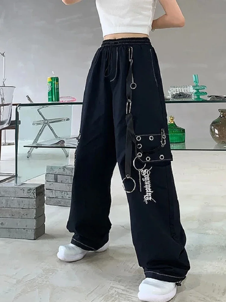 QWEEK Harajuku Gothic Black Cargo Pants Women Y2K Hippie Chain Plus Size White Trousers Oversized Streetwear Hip Hop Sweatpants