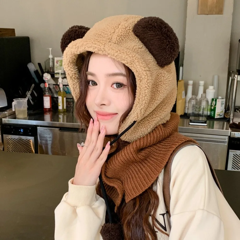 Korean Style Bear Ear Balaclava Hat Solid Color Windproof Knit Hooded Hat Scarf Ear Neck Protection Ear Protection Hat Skiing