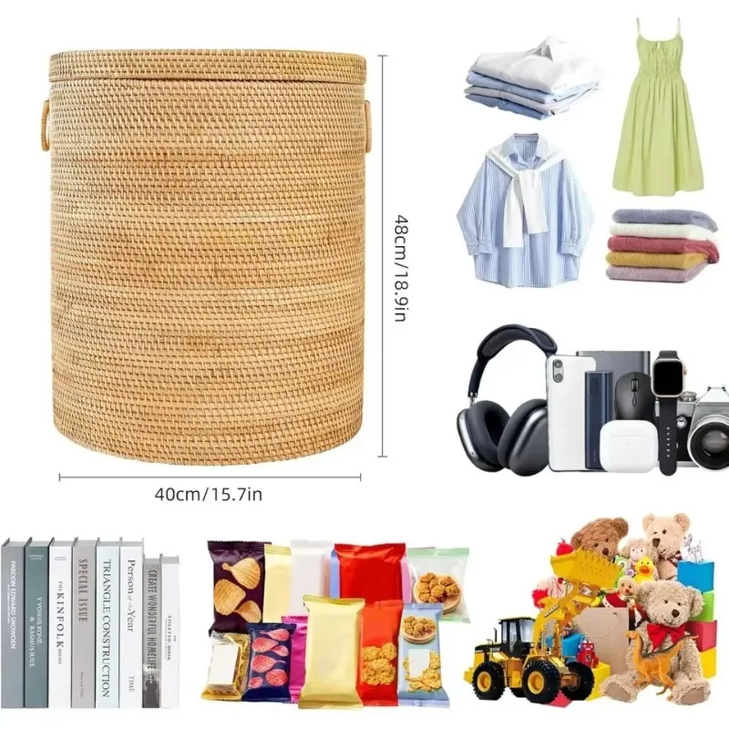 Natural rattan modern round laundry basket with laundry basket liner bag wicker large laundry finishing basket