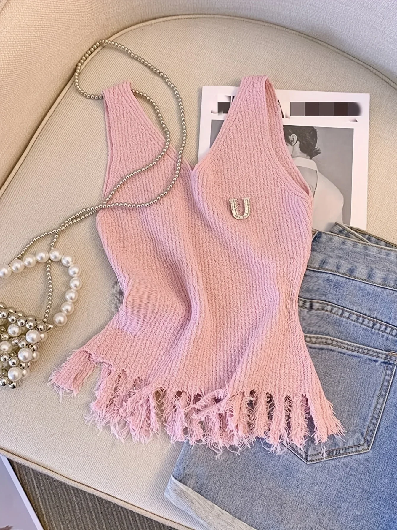 2024 Solid Tassel Hem Tank Top Knit Elastic Casual V Neck Summer Sleeveless Top Women\'s Clothing Crop Top