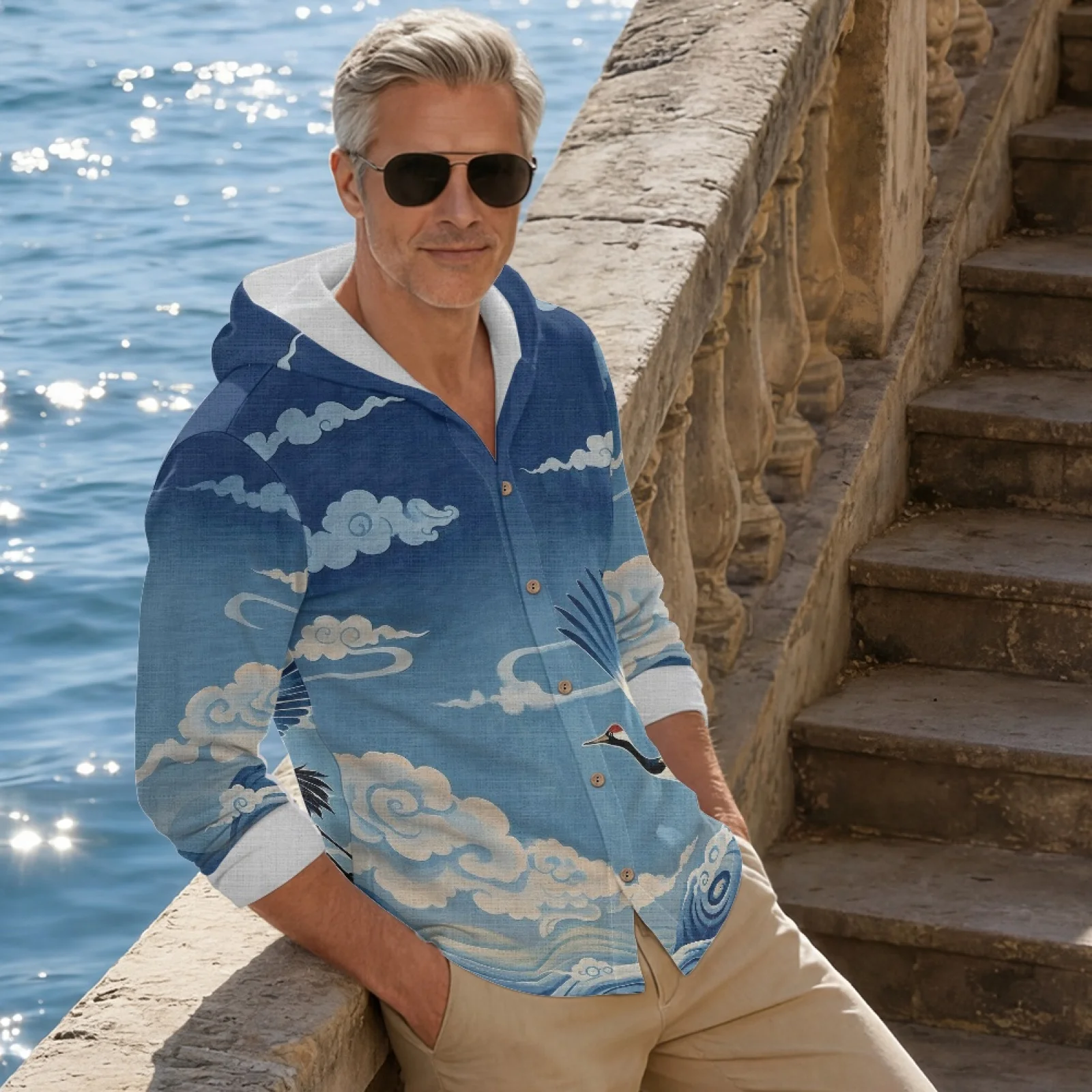 PENSTROLL Crane Pattern Button-Up Long Sleeve Hooded Linen Tops for Father Linen Like Summer Beach Hoodies Casual Sweatshirts
