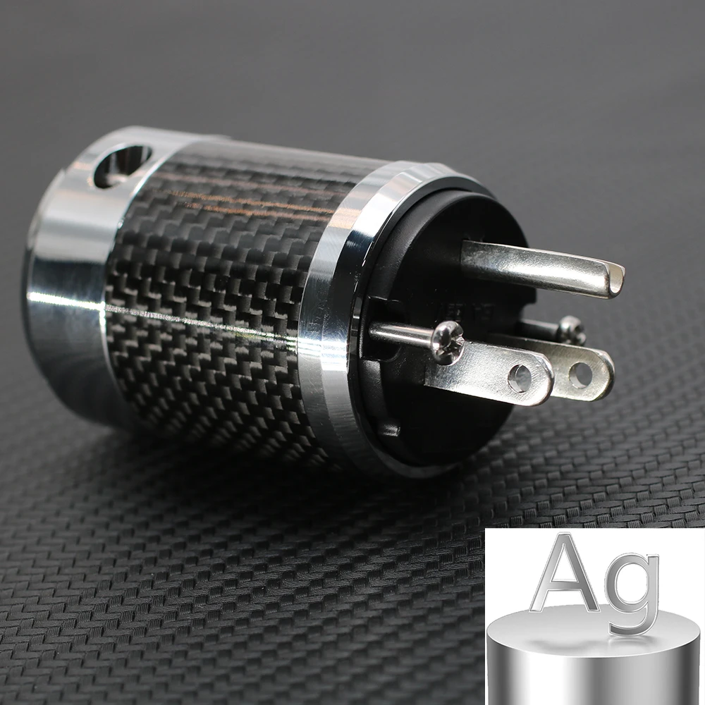 US AC 3-Pin Power Plug 99.9 Pure Silver 15A Fuse Carbon Fiber Male Female DIY Audio Connector
