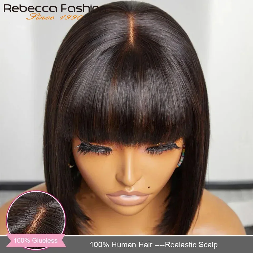 Pelucas de cabello humano lacio con flequillo, bob con raya al medio, cuero cabelludo realista, brasileño lacio con flequillo