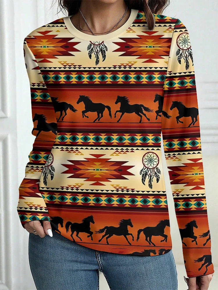 

Retro Long-sleeved Women's T-shirt Fashionable Long-sleeved Casual T-shirt Top Lrregular Print OverSize Women's Clothing