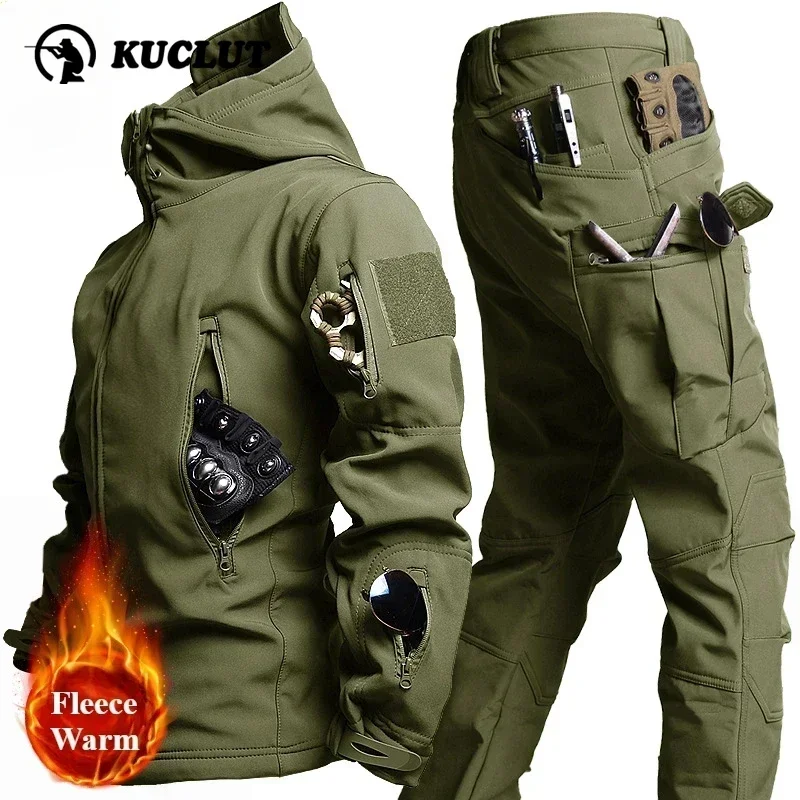 Winter Soft Shell Mens Tactical Set Outdoor Windproof Waterproof Warm Combat Suit Multi Pocket Thickened Camo Hunting Uniform