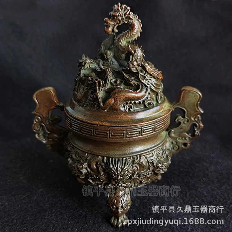 Bronze ware Three-legged pan dragon tall incense burner copper wire incense plate incense burner home office copper ware