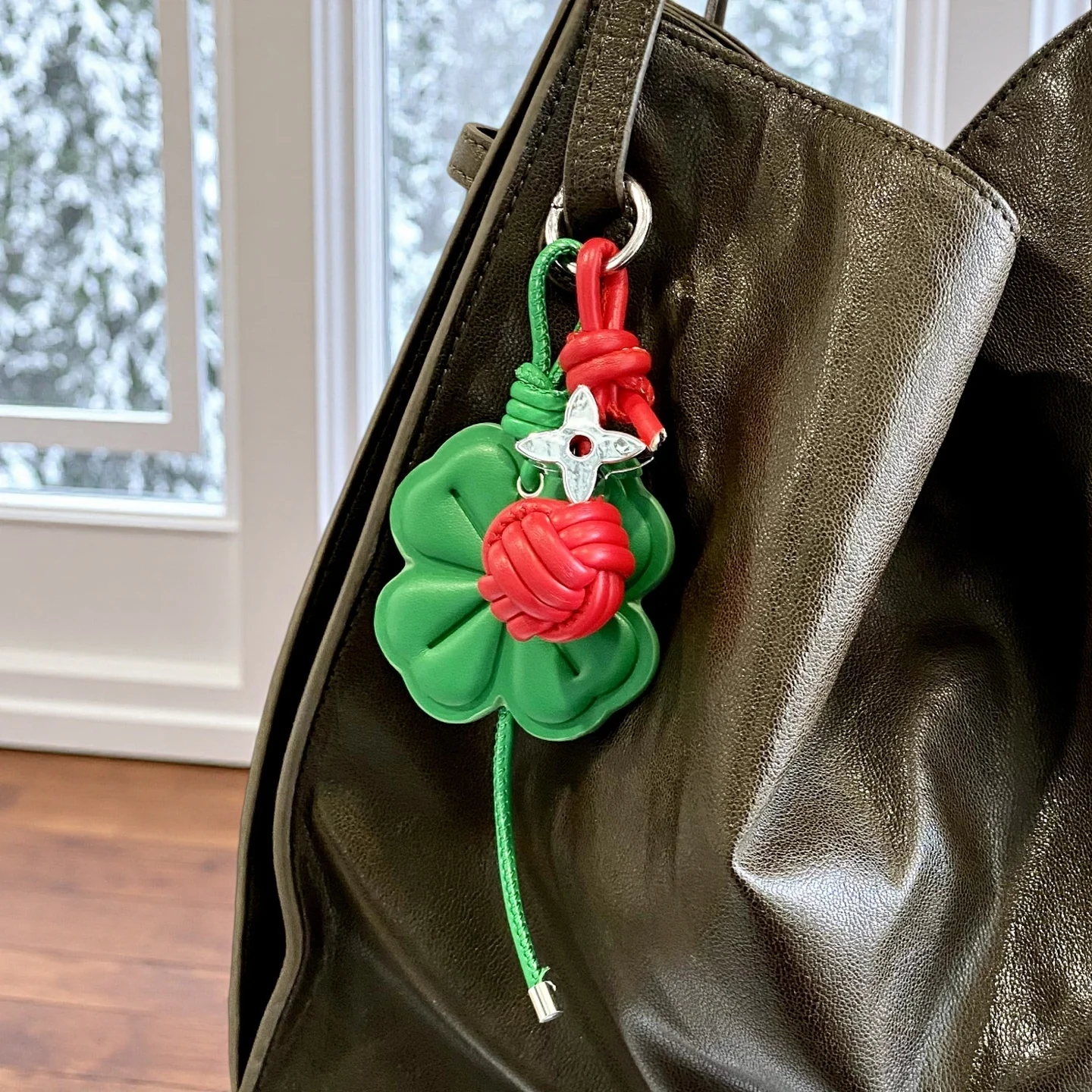 Red Green PU Leather Plant Bag Charm, Four Leaf Clover/Red Heart/Leather Ball Keychain For Bag-Festival Gift-Car/Room Decor