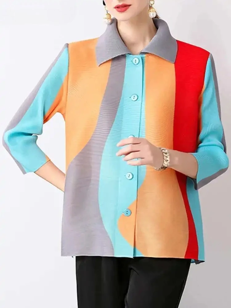 

Pleated Colourblocking Shirt Women Lapel Full Sleeves Single-breasted Hundred Miyake Summer New 2025 Women Loose Casual Tops
