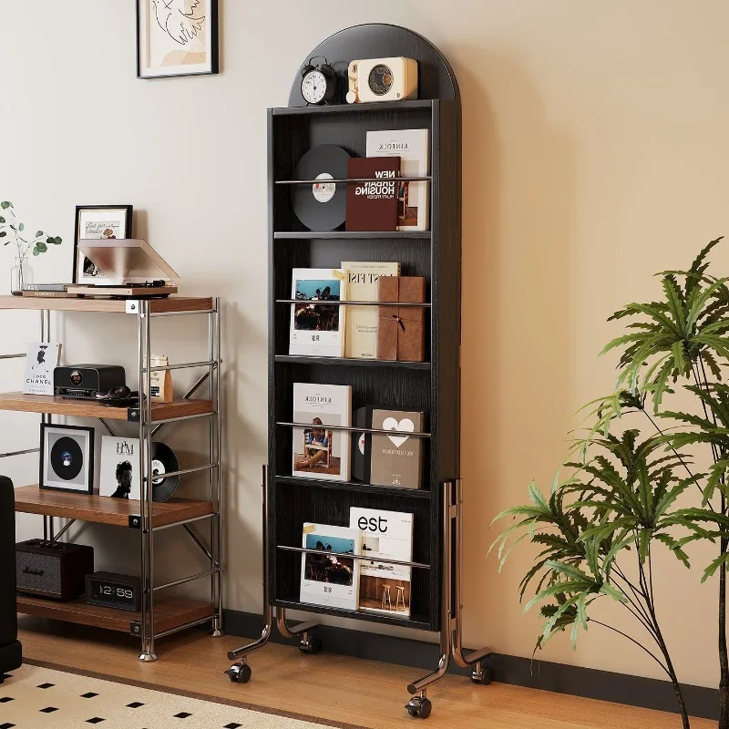 Floor-to-ceiling solid wood bookshelf full-length mirror household movable rotating magazine bookshelf storage integrated displa