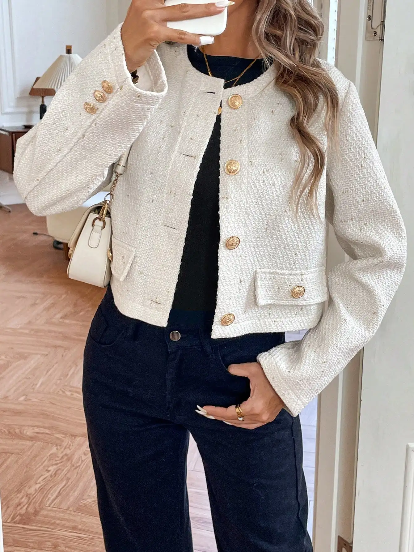 

Women's Tweed Short Jacket with Gold Metal Buttons, Chic Autumn Winter Outerwear