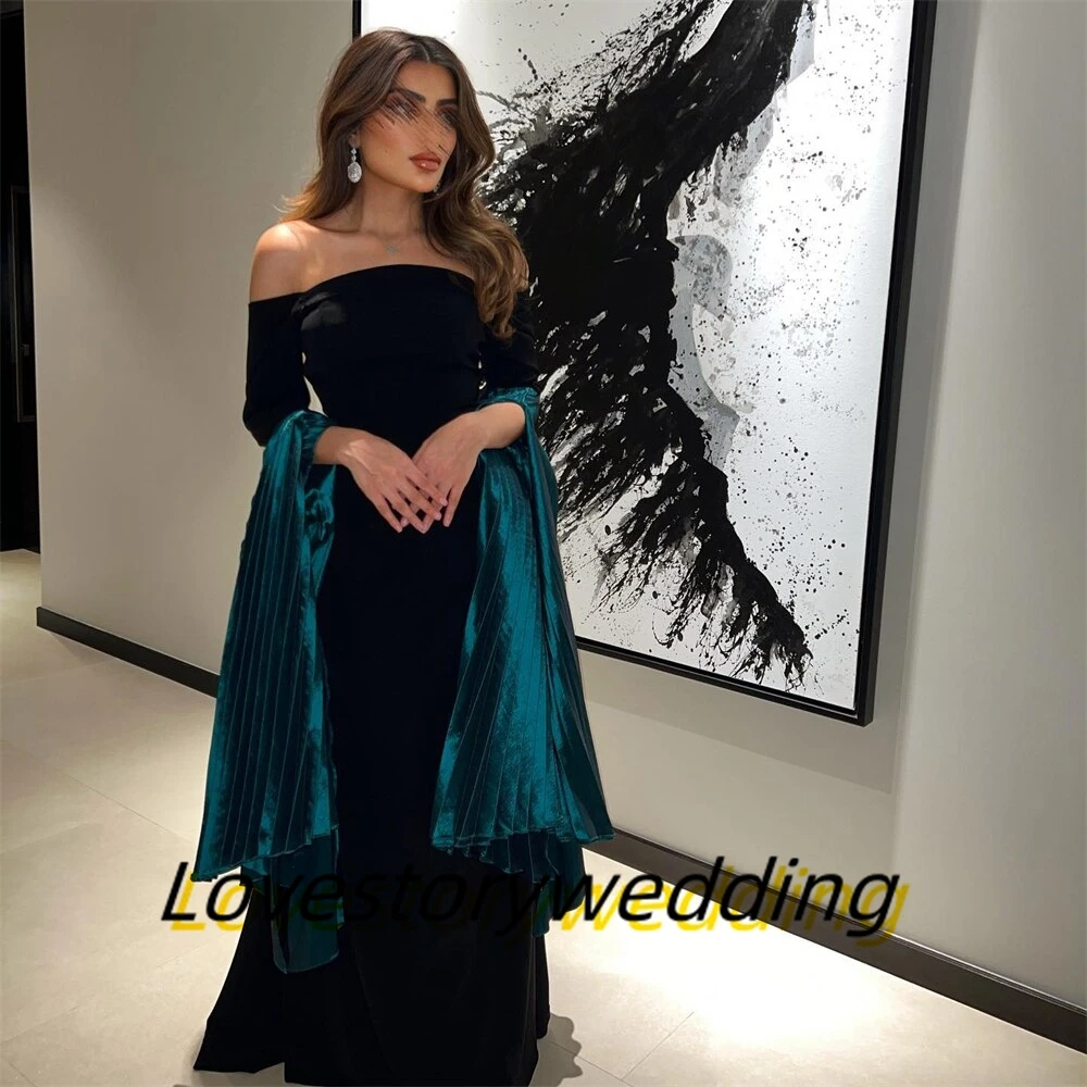 

Lovestory Elegant Saudi Arabia Party Women Wear Bateau Neck Prom Dresses Pleats Long Sleeves Bride Special Banquet Evening Gowns