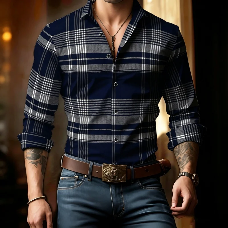 Men's shirt with black gray checkered long sleeved shirt, lapel button cardigan, business casual retro checkered men's shirt