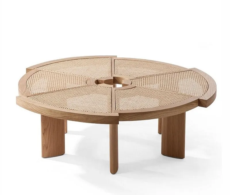 Nordic all-solid wood coffee table round low table small apartment household Japanese-style rattan creative round small tea