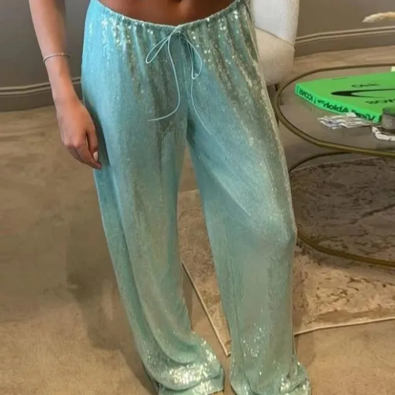Women Drawstring Sequin Wide Leg Pants Loose Fashion Casual Evening Party Long Trousers