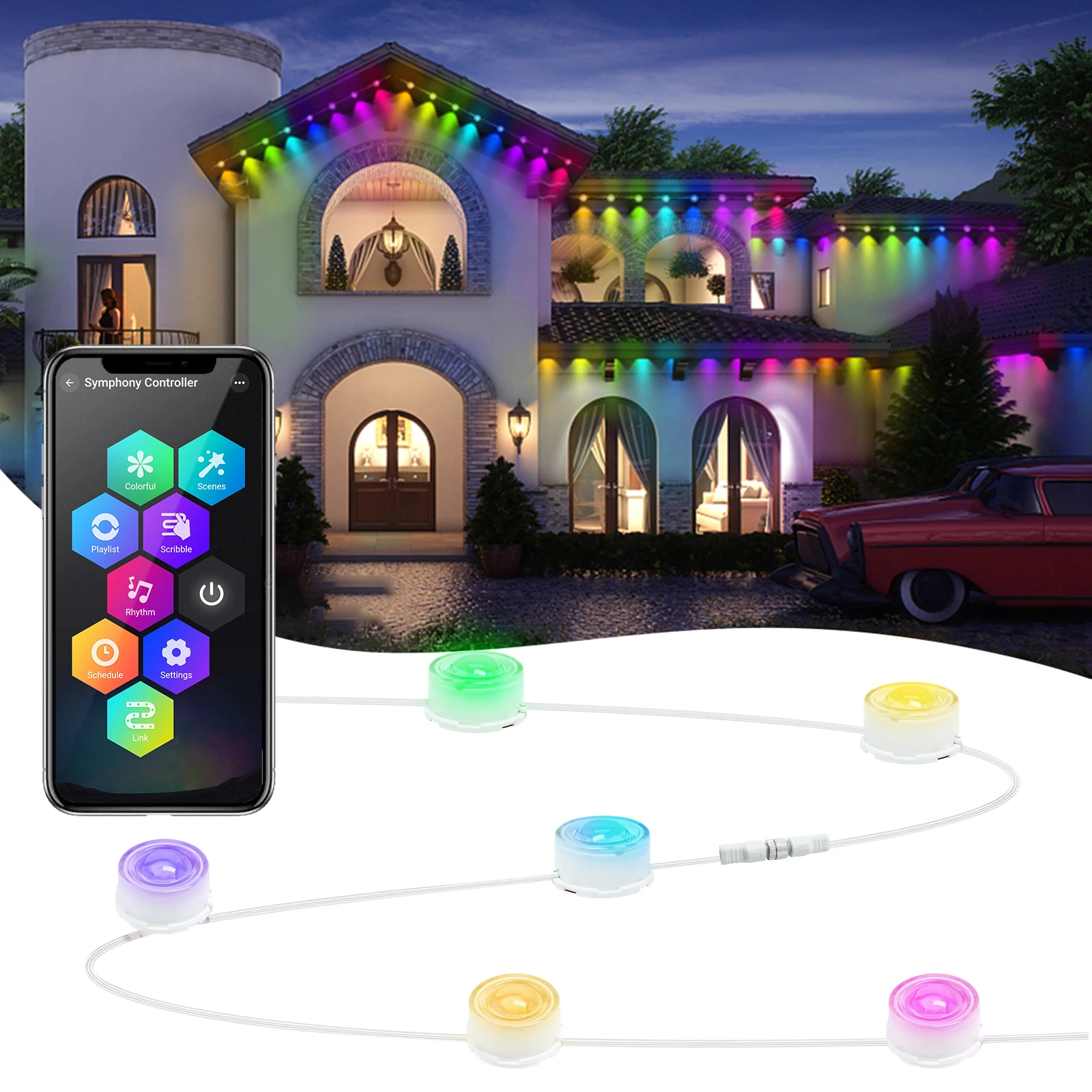 DC36V Smart WIFI RGBIC Eaves Lights Permanent Outdoor Lights APP IP67 Waterpoof Light Strip for Full House Party Wedding Light