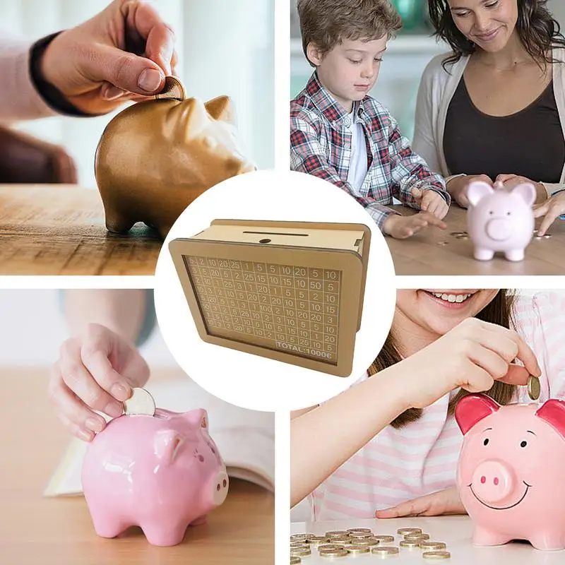 Money Wood Box Piggy Bank With Target & Numbers Money Counter Box Fun Cash Counter Saving Bank Financial Savings Challenge Box