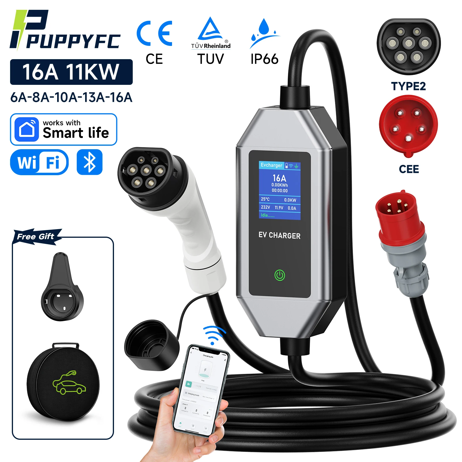 

Puppyfc 16A 11KW Portable EV Charger Type2/GBT Mennekes EVSE Charging Station for Electric Vehicle PHEV Car with CEE Plug