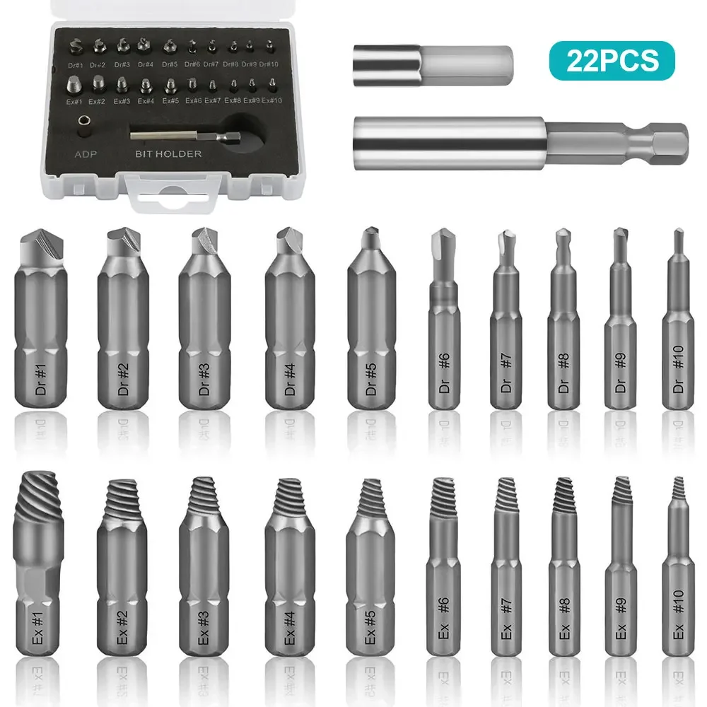 22Pcs 2-12mm Damaged Screw Extractor Set High Speed Steel Stripped Screw Extractor Set Quickly Damaged Bolt Screw Extractor Kit