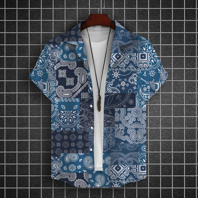 Hawaiian Men Shirt Paper Cutout Style Graphic Short Sleeve Printed Tee Loose Oversized Lapel Button Shirt Outdoor Streetwear Top