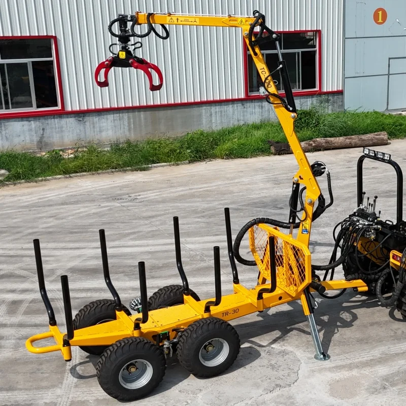 Customized Forestry Machinery Hydraulic Atv Tractor Log Timber Wood Trailer With Crane Grapple Remote Control Winch