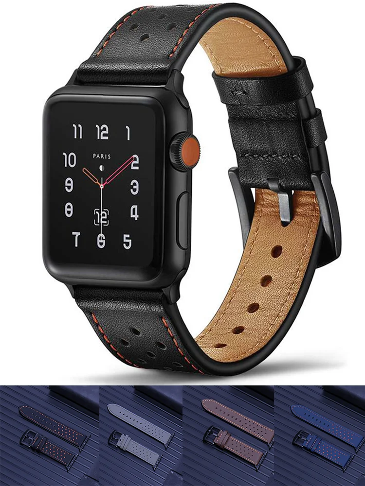 

Leather watch strap For Apple watch band 44mm Ultra2 49mm 40mm 42/41mm 45mm Air hole Retro bracelet iWatch series 9 8 7 4 5 6 se