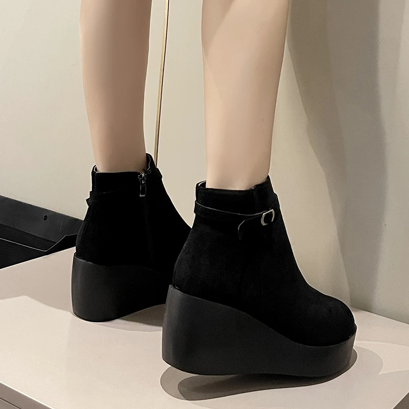 Ladies Shoes 2023 Fashion Side Zipper Women\'s Boots Winter Round Toe Solid Short Barrel Platform Wedge Large Size Fashion Boots