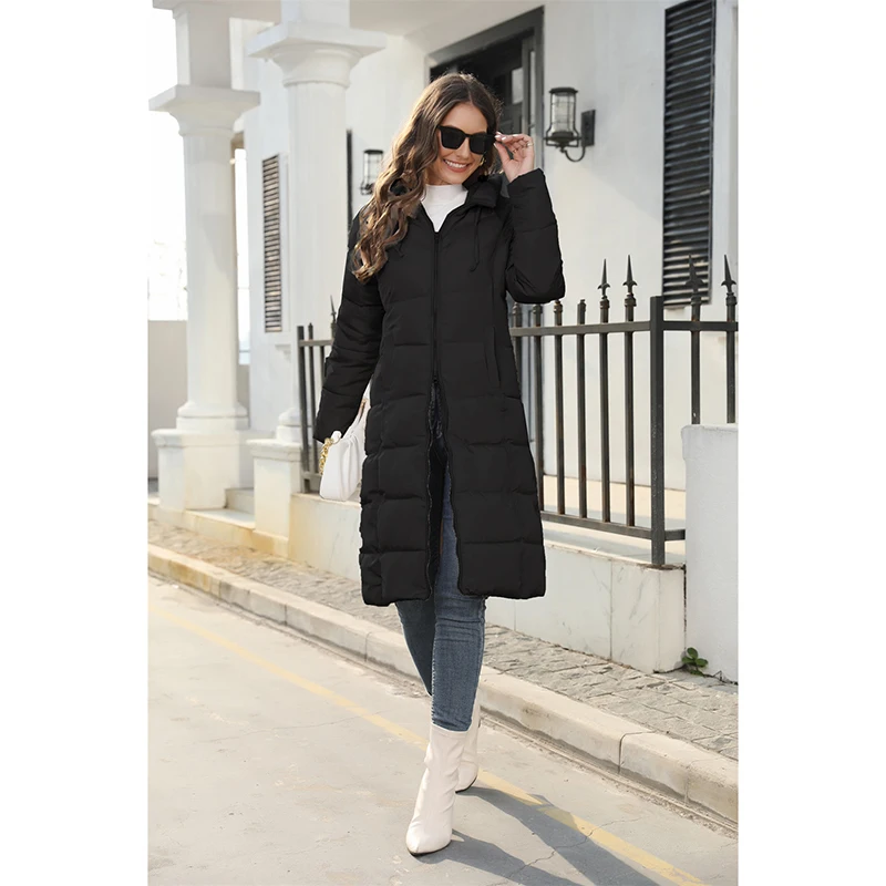 Winter Hooded Women\'s Cotton Jackets Fashion New Women Mid Length Straight Suatans Parkas Coats Ladies Solid Thick Skinny Coats