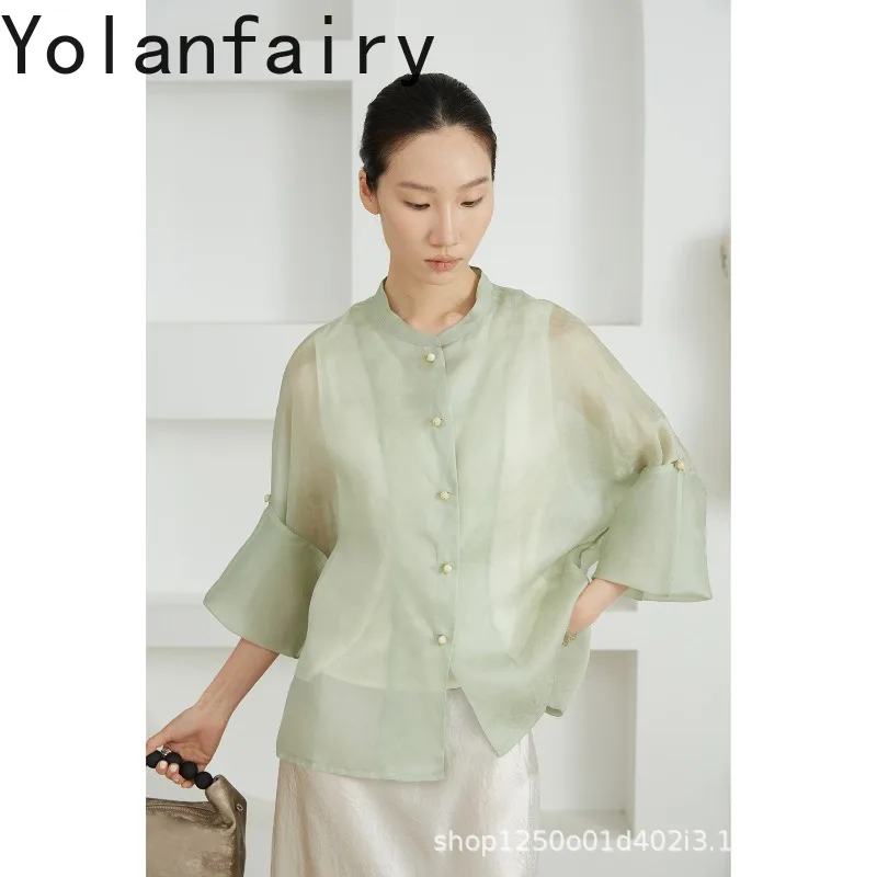 YOLANFAIRY 100% Mulberry Silk Shirts Woman Sun Protection Blazer Silk Organza Jacquard Shirt Outerwear Rollable Sleeves Blouses
