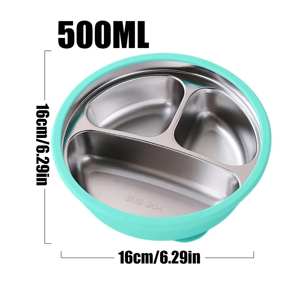 실리콘 흡착판 아기 식판, 304 스테인리스 스틸 3칸 디자인, 미끄럼 방지 어린이용 접시