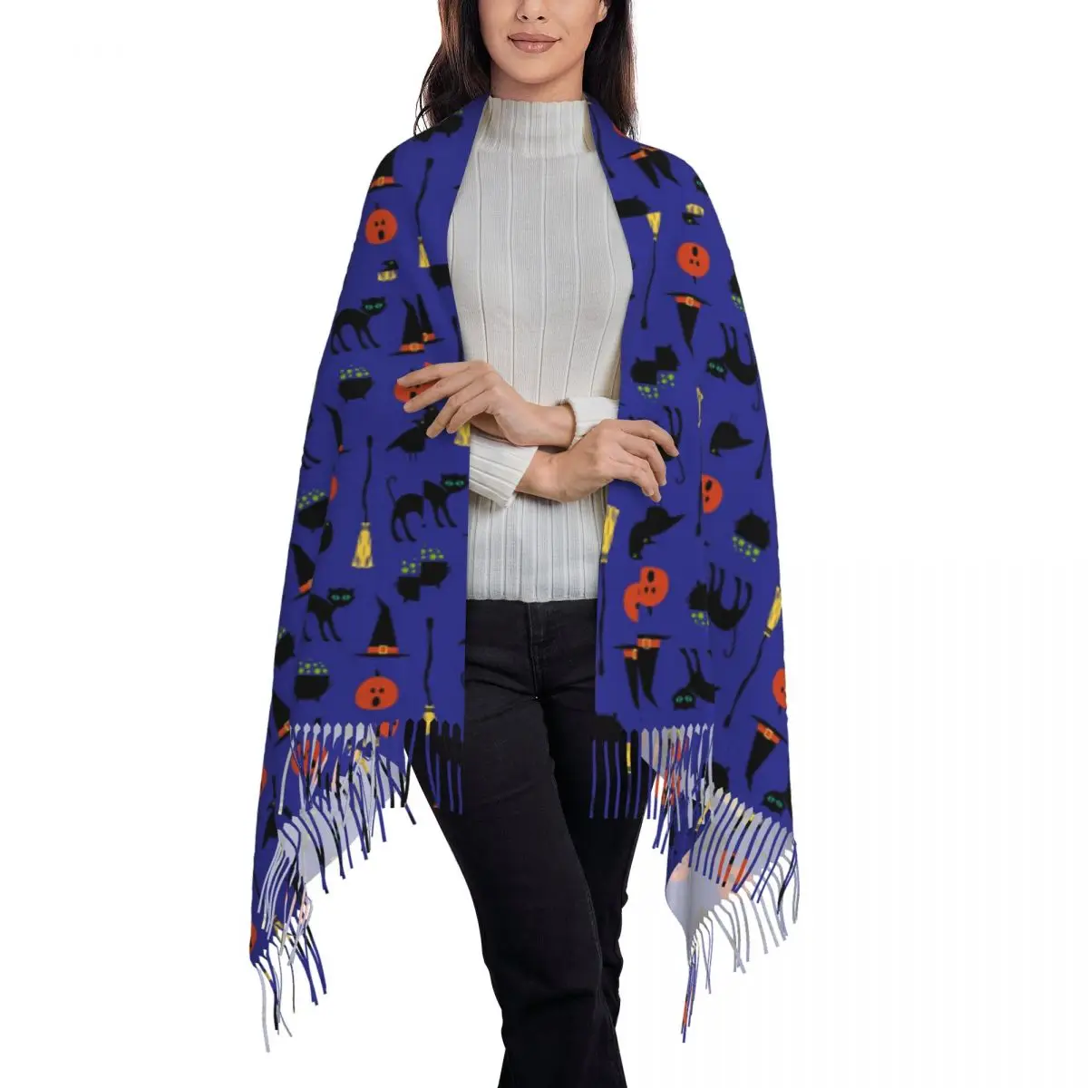Witch Black Cat Pumpkin Halloween Pattern Scarf Tassel Scarves Women Soft Warm Shawls and Wraps Large Fall Winter Shawl Wrap