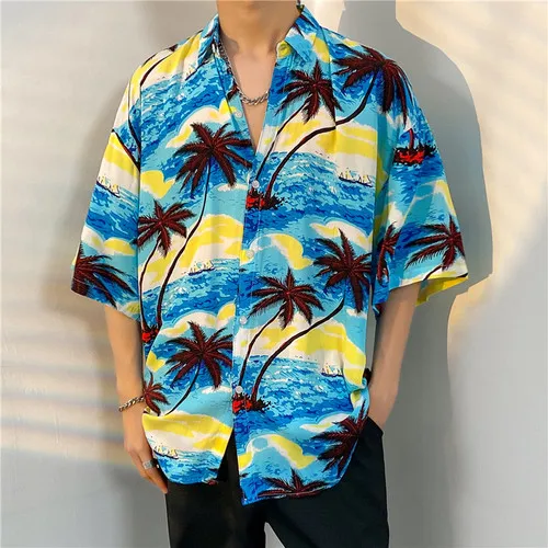 Men Street Fashion Summer Daily Shirt Hawaiian Cartoon Print Casual Loose Shirts Short Sleeve Beach Loose Tops Button Up Shirts