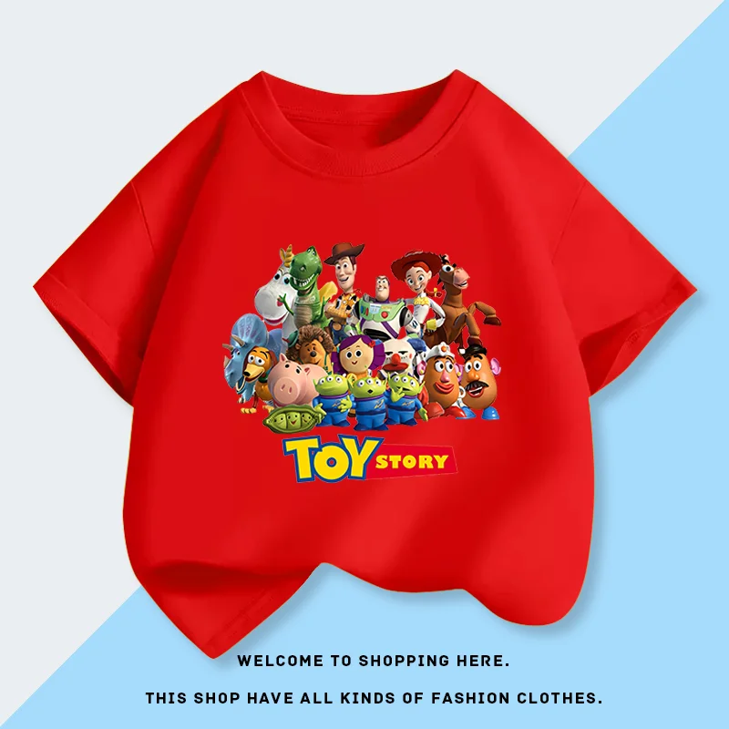2025 قصة لعبة مطبوعة موضة الأطفال تي شيرت قصير الأكمام جديد الصيف الأولاد القطن الخالص ملابس الأطفال