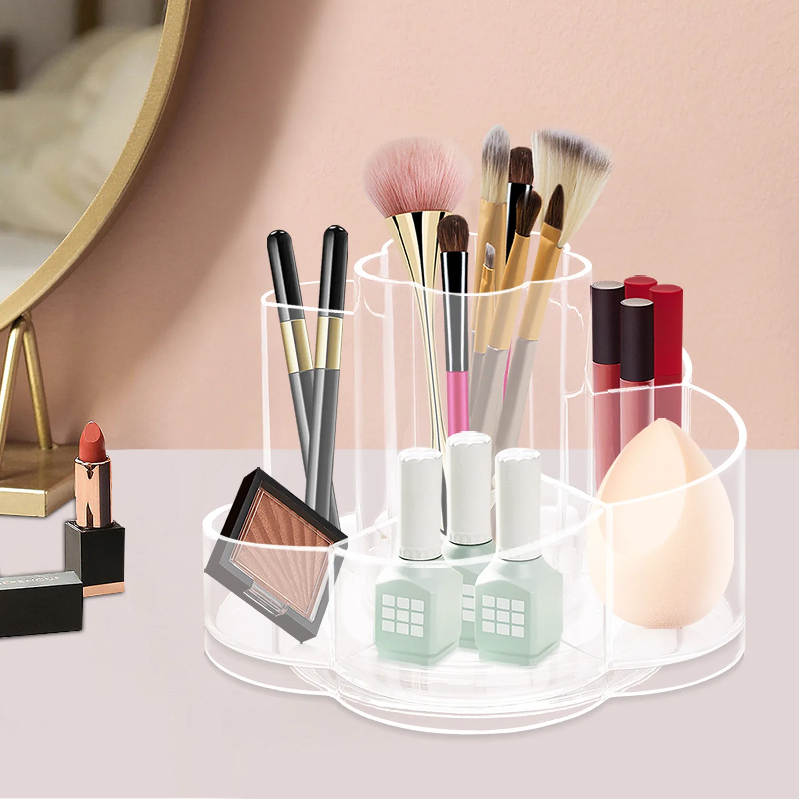 Makeup Organizer 360° Rotating Clear Cosmetic Storage Holder 6-Compartment Cosmetic Storage Box Makeup Brush Table Storage