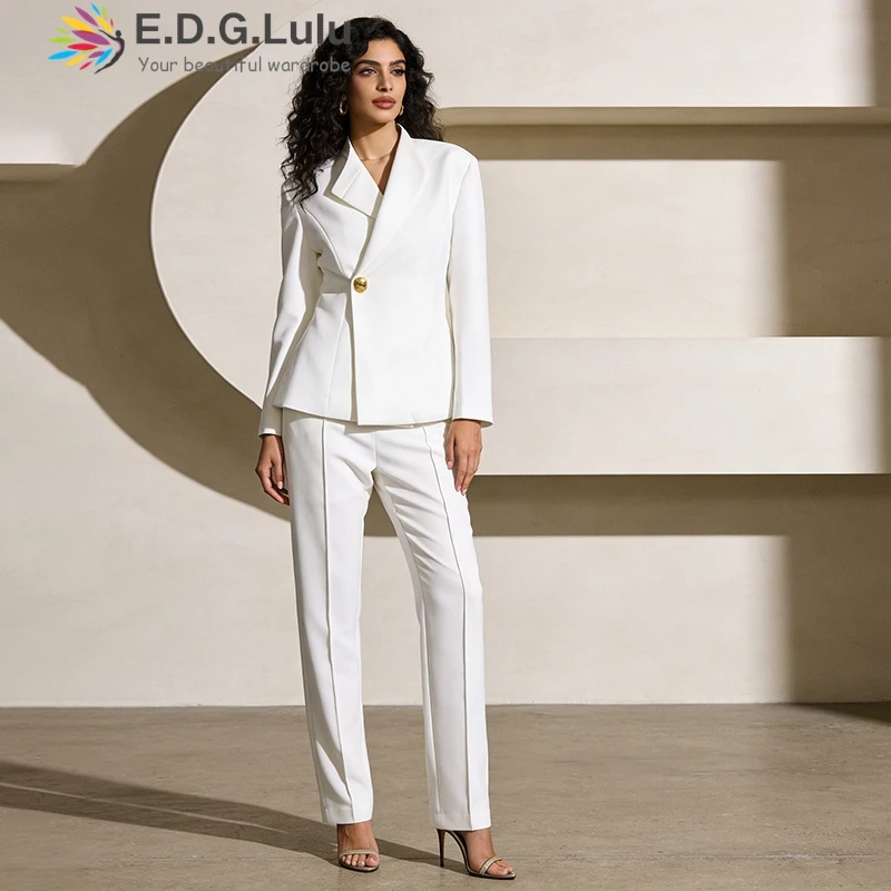 

EDGLuLu 2 Piece Set Irregular Turn-Down Collar One Button Suit Jacket+High-Waisted Suit Pants Outfits Two Piece 0428