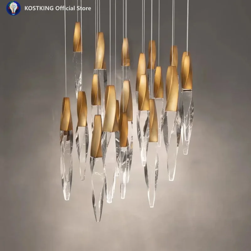 2025 New Stainless Steel Luxury Special Crystal Light Simple Style Chandelier Custom Duplex Revolving Staircase