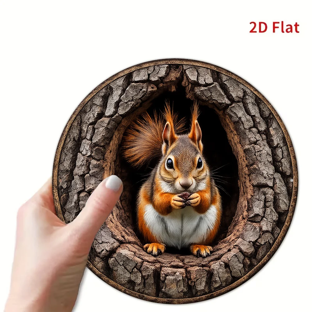 2D Retro Metal Sign Squirrel Eating Nut in Tree Hole Circle Aluminum Wall Art Decor for Cafe Bar Bedroom Gift