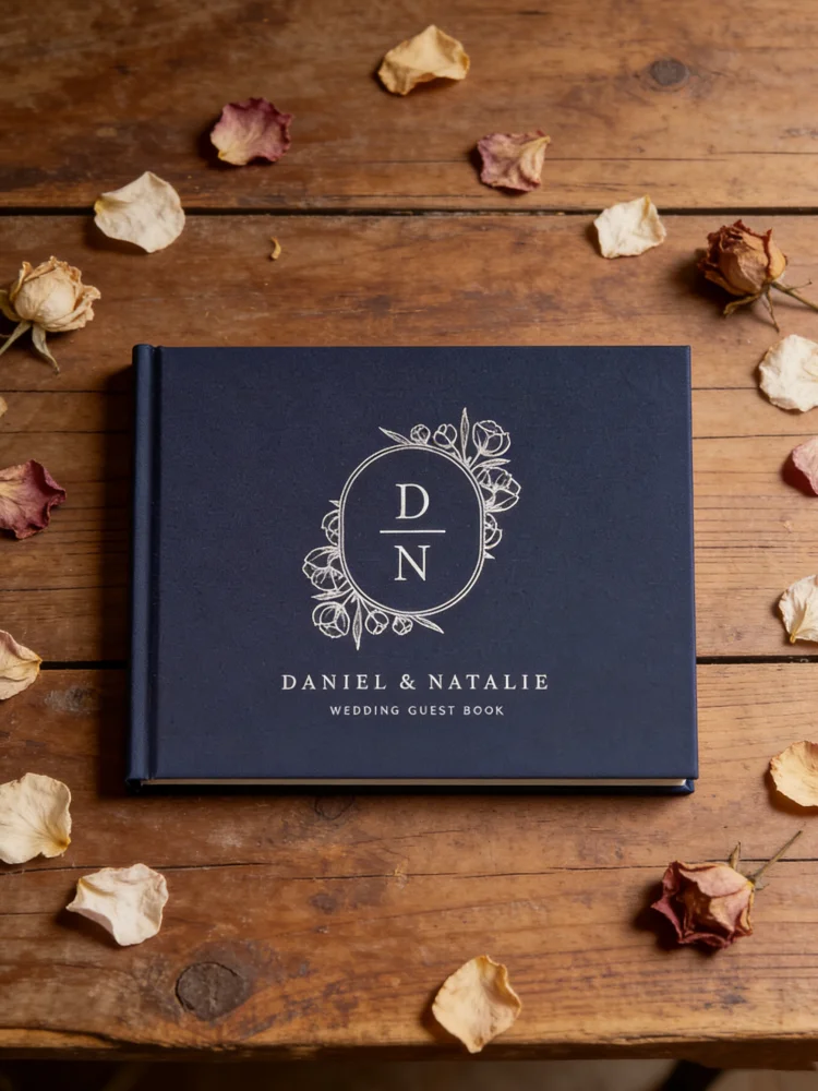 

Navy Blue Silver Wedding Guest Book, Elegant Floral Sign In Album for Wedding & Photo Booth