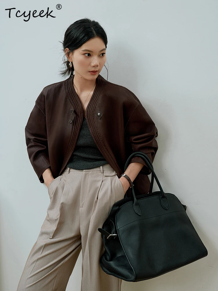 티씨익 양가죽 봄 가을 고급 레트로 브이넥 브라운 커피색 여성용 진짜 가죽 재킷