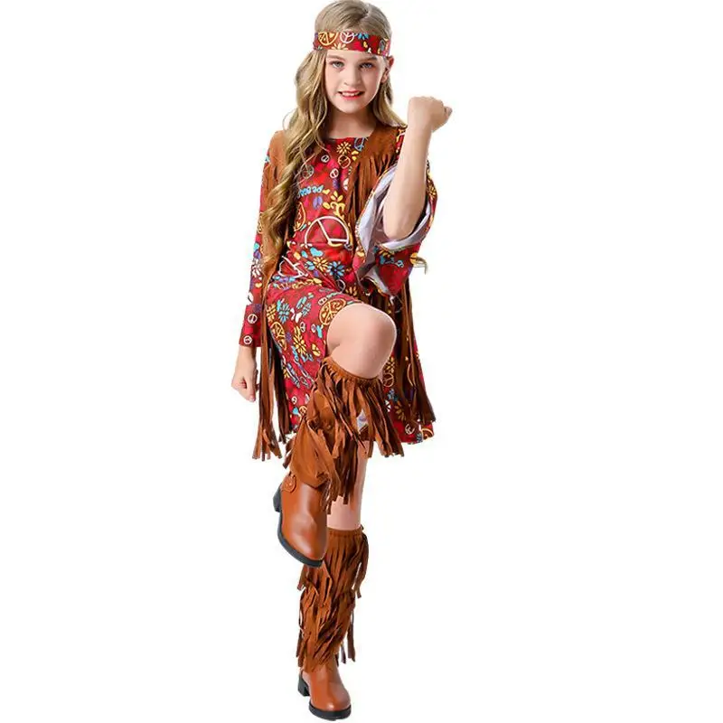 Halloween Exotische Disco Hippie Kinderen Ouder-Kind Outfit Set Podium Voorstelling Kostuum Bohemien Print Jurk Cosplay Clothe