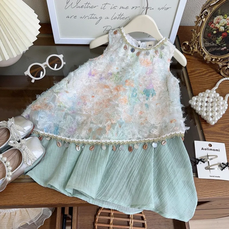 

Girls' Dress2025Summer New Tassel Jacquard Princess Dress Holiday Vest Dress
