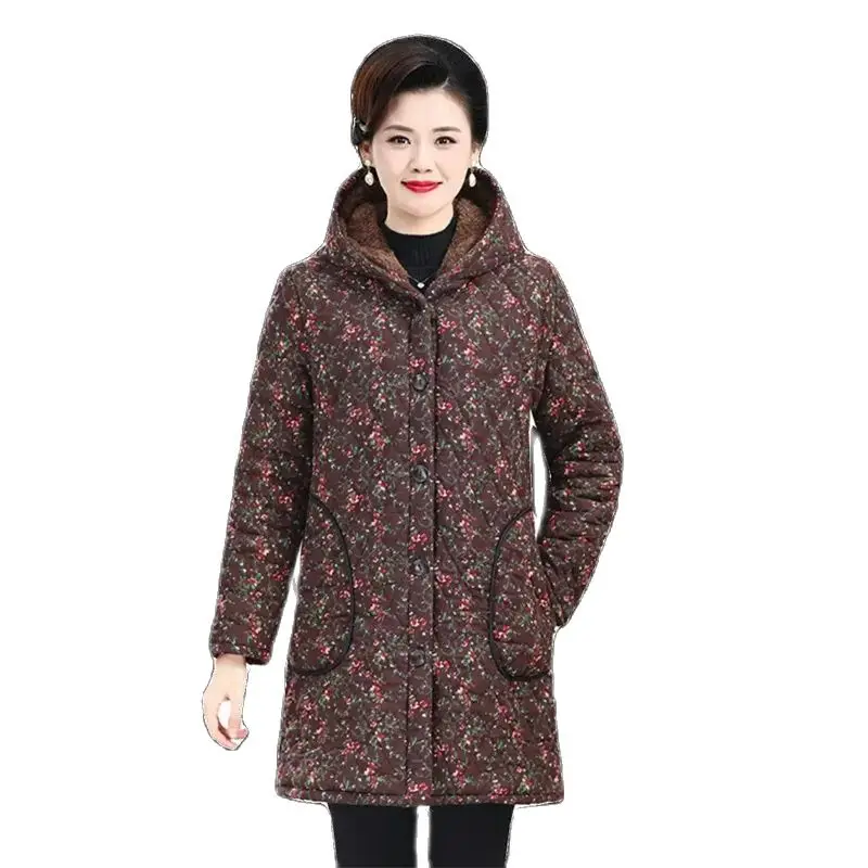 Fleece Jacket For Women Floral Cotton Coat Middle-Aged And Elderly Mothers Thick Medium Length Hooded Winter Outerwear Z4744