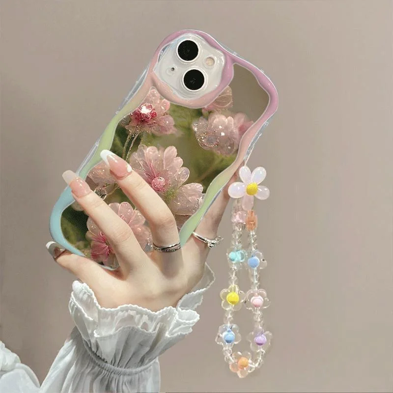 Funda para iPhone 17 16 15 Pro Max 14 11 13 12 Mini Plus 16E 17 Air iPhone17 con correa de muñeca con flor y pulsera 6